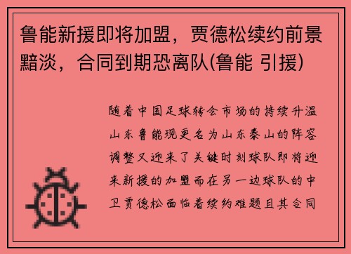 鲁能新援即将加盟，贾德松续约前景黯淡，合同到期恐离队(鲁能 引援)