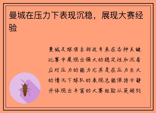 曼城在压力下表现沉稳，展现大赛经验