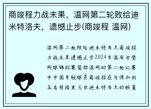商竣程力战未果，温网第二轮败给迪米特洛夫，遗憾止步(商竣程 温网)