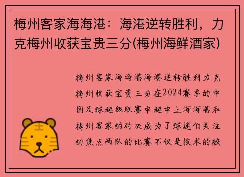 梅州客家海海港：海港逆转胜利，力克梅州收获宝贵三分(梅州海鲜酒家)