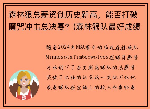森林狼总薪资创历史新高，能否打破魔咒冲击总决赛？(森林狼队最好成绩)