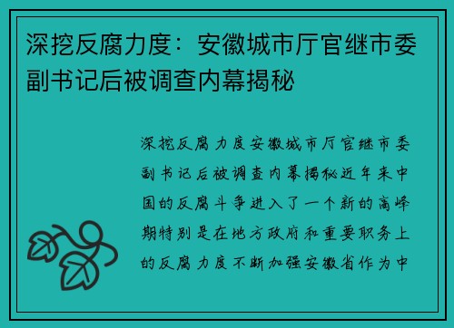 深挖反腐力度：安徽城市厅官继市委副书记后被调查内幕揭秘