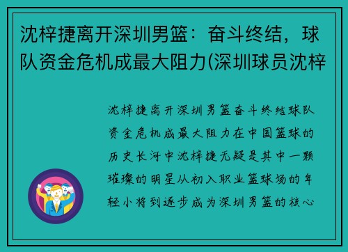 沈梓捷离开深圳男篮：奋斗终结，球队资金危机成最大阻力(深圳球员沈梓捷是哪里人)